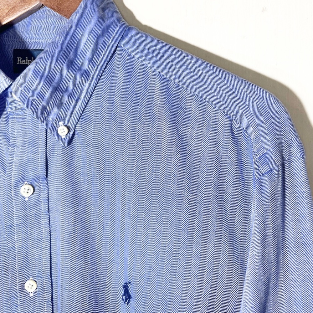 Polo Mens Blue Herringbone Striped Long Sleeve Buttondown Shirt - Picture 7 of 11